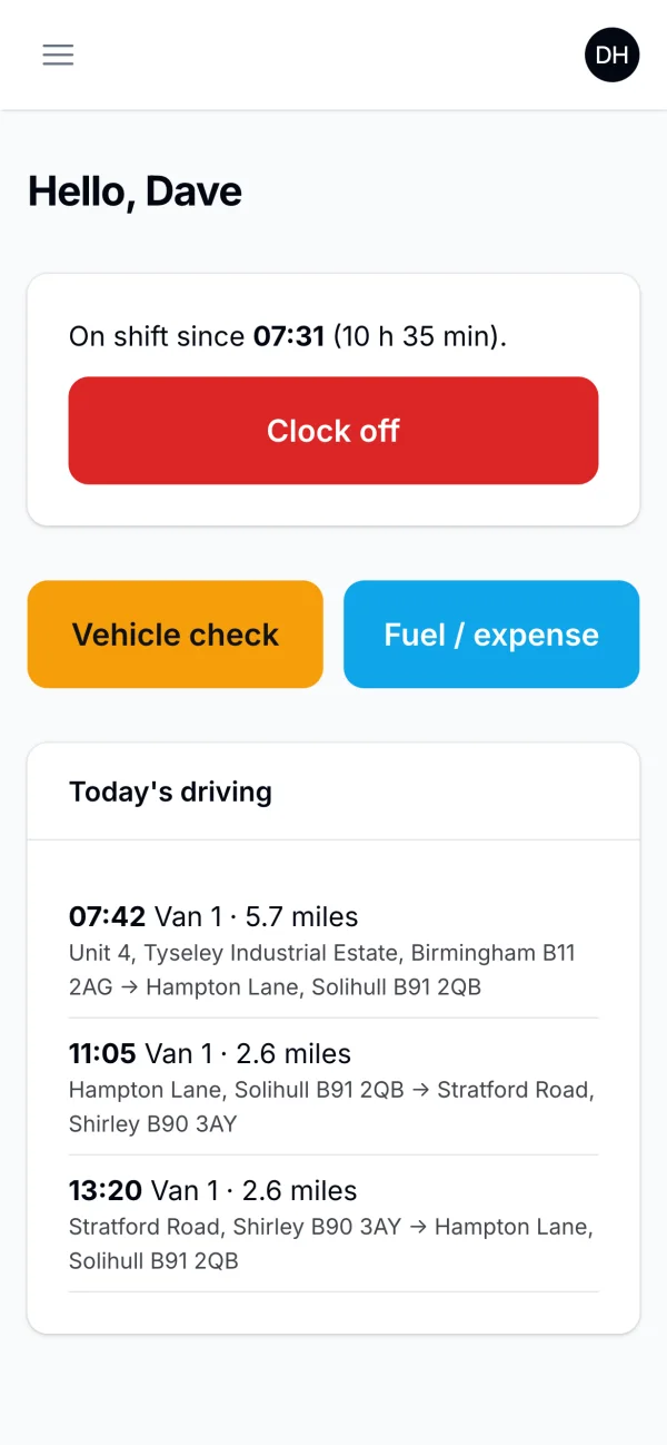 The driver app on a phone, showing clock off, vehicle check and fuel buttons and today's trips